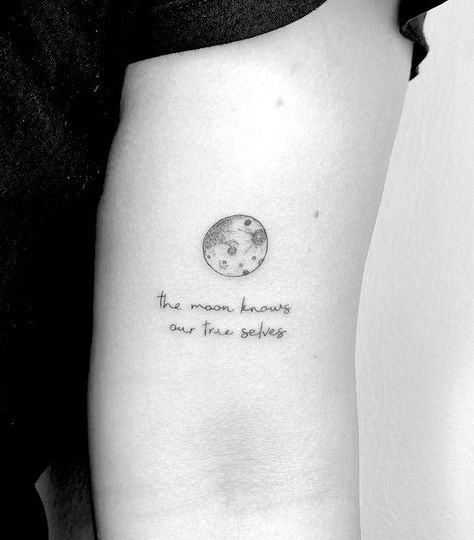 55 Dreamy Moon Tattoos To Brighten Up Your Aura - Our Mindful Life Look At The Moon Tattoo, Moon Tattoo Meaningful, She Was Like The Moon Tattoo, Moon And Quote Tattoo, Moon Tattoos With Meaning, Moon With Words Tattoo, Moon Tattoo Designs With Quotes, Full Moon Minimalist Tattoo, Tattoos About The Moon