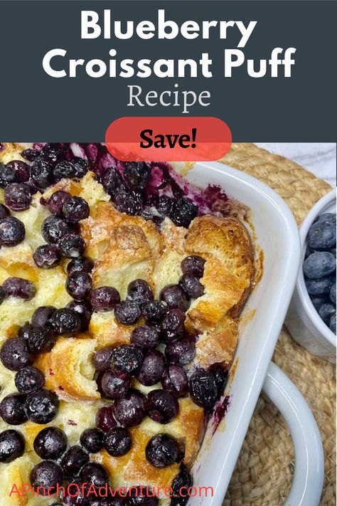 This Blueberry casserole for breakfast can be prepped ahead of time and be like an overnight French toast bake. It is delicious and the best recipe using croissants ever! Blueberry Croissant Breakfast Bake, Blueberry Bread Pudding Recipe, Blueberry Croissant, Croissant Rolls, Blueberry Bread Pudding, Croissant French Toast, Blueberry French Toast Casserole, Best Brunch Recipes, Croissant Breakfast