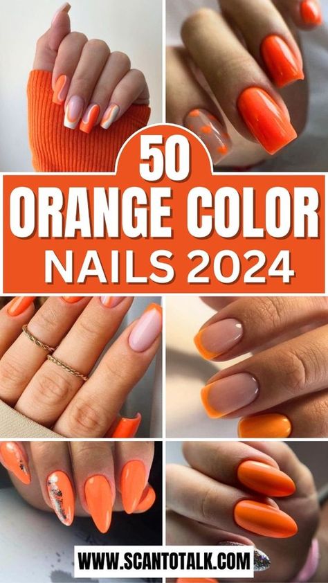 Discover 50 stunning orange nail designs that will add a vibrant touch to your style. From bold neon shades to soft pastels, these nail art ideas are perfect for any season and occasion. Whether you prefer intricate patterns, simple elegance, or a pop of color, you'll find the perfect orange manicure to express your personality. Explore these creative and trendy designs to elevate your nail game and make a statement with your next manicure. Get inspired and transform your look! Design On Orange Nails, Orange Nail Polish Designs, Beach Orange Nails, Bright Almond Nails Designs, Vibrant Nail Ideas, Orange Nail Aesthetic, Orange With Chrome Nails, Orange Nail Color Ideas, Orange Gel Nails Ideas