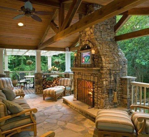 Interesting Homes, Dream Porch, Fireplace Patio, Patio Images, Fireplace Outdoor, Porch Fireplace, Lake Houses, Patio Fireplace, Outdoor Patios