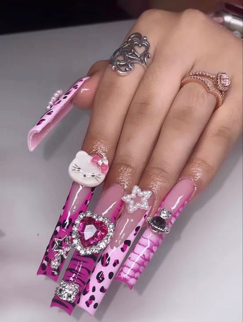 Y2k Long Acrylic Nails, 2000 Nails Acrylic, Y2k Nail Art Designs, Marbella Nails, Back To School Nails Medium, Long Nail Inspo Baddie, Pink Packaging Ideas, Long Junk Nails, Lipgloss Small Business