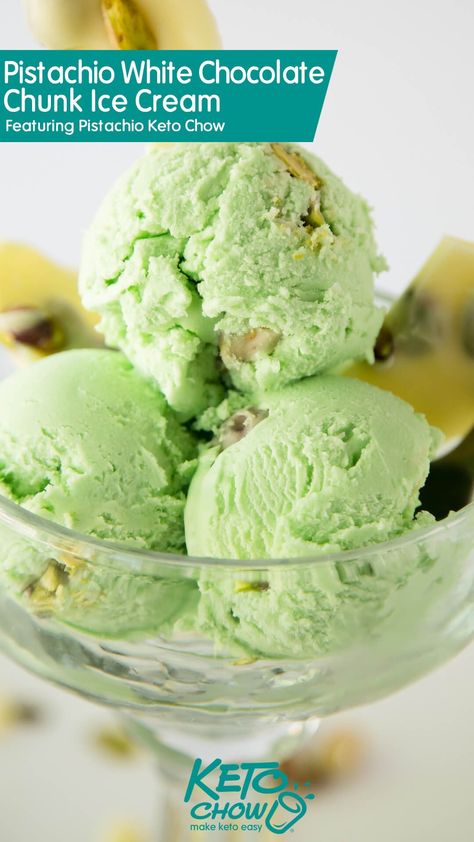 Pistachio White Chocolate Chunk Ice Cream Studded with delicious pistachios, combined with a silky smooth base, you’ll be hard pressed to find a more luxurious ice cream anywhere. Created with Keto Chow ketochow.xyz Keto Chow Ice Cream, Keto Pistachio, Vitamix Ice Cream, Toasted Pistachios, Keto Ice Cream Recipes, Pistachio White Chocolate, Keto Dairy, Freeze Cream, Keto Chow