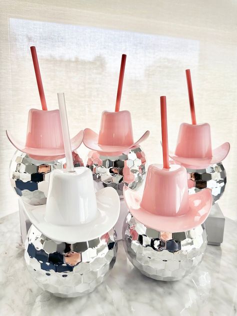 Angels Bachelorette, Cowboy Hat Disco Ball, Austin Bachelorette Party, Disco Ball Cup, Pink Cowgirl Hat, Bachelorette Party Gift Bag, Cups With Straws, Austin Bachelorette, Cowgirl Bachelorette Parties