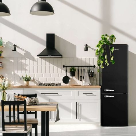 Black Fridge, Hamptons Interior Design, Black Fridges, Hamptons Interior, Vegetable Crisps, Retro Fridge, Tempered Glass Shelves, Bright Led Lights, Detox Your Body