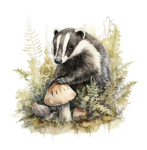 Badger Watercolor Painting, Badger Painting, Badger Watercolor, Badger Drawing, Badger Tattoo, Badger Art, Badger Illustration, Forest Animals Illustration, Color Clipart