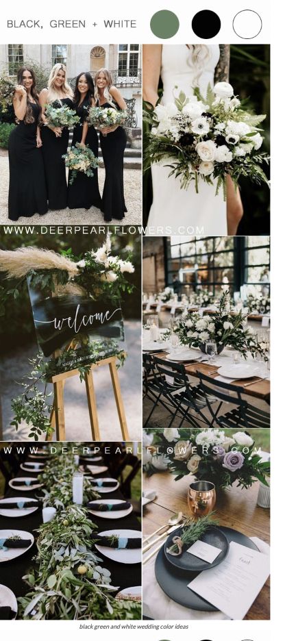 Sage Gold Black Wedding, Wedding Colors With Black, Black And Sage Green Wedding, Black Green And White Wedding, Black Emerald Gold Wedding, Green And Black Wedding Theme, Black And Green Wedding Theme, Black Wedding Color Schemes, Spring Wedding Green