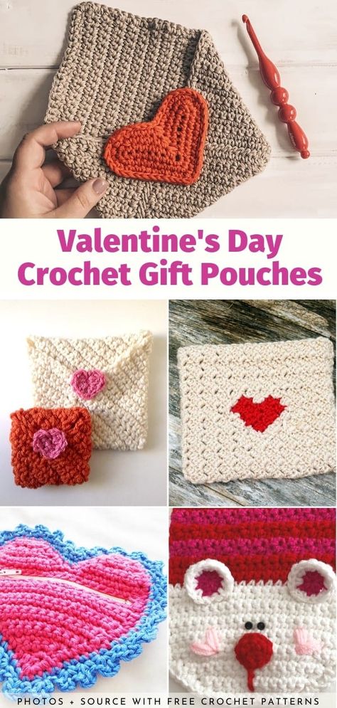 Valentine's Day Crochet, Crochet Valentines, Crochet Valentine Patterns, Crochet Heart Pattern, Valentines Patterns, Crochet Pouch, Handmade Envelopes, Valentines Crochet, All Free Crochet