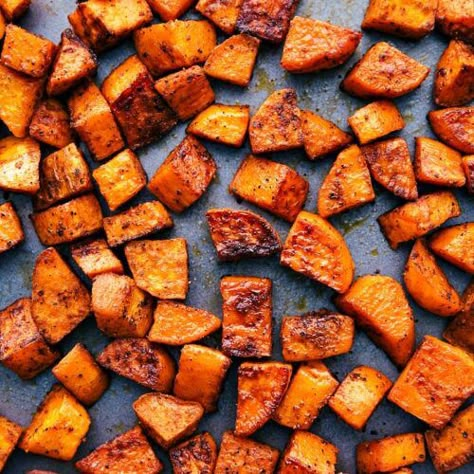 Sweet Potato Burrito, Roasted Sweet Potato Cubes, Sweet Potato Recipes Roasted, Oven Roasted Sweet Potatoes, Boiling Sweet Potatoes, Sweet Potatoe Bites, Chelsea's Messy Apron, Cubed Sweet Potatoes, Sweet Potato Wedges