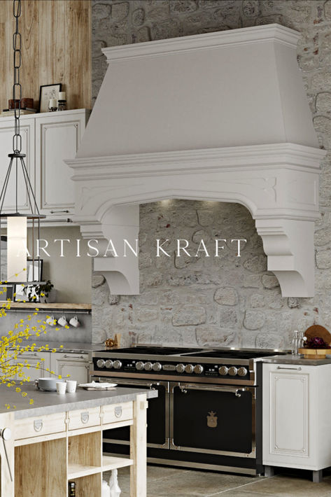 Gothic Kitchen Range Hood made from limestone cast by Artisan Kraft. Decorative vent hood installed in country style kitchen with a stone wall. Formal Kitchen, Stone Range Hood, Tudor Design, Kitchen Range Hoods, Dark Academia Home, Spec House, Gothic Kitchen, Kitchen Range Hood, Stone Kitchen