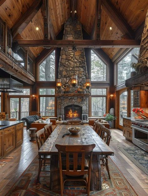 Alaskan House Interior, Scandanavian Interiors Cabin, Rustic Ranch House Interior, Montana House Interior, Rustic House Interior Decor, Rustic Open Floor Plan, Mountain Lodge Interior Design, Barndominium Fireplace, Lodge Style Homes