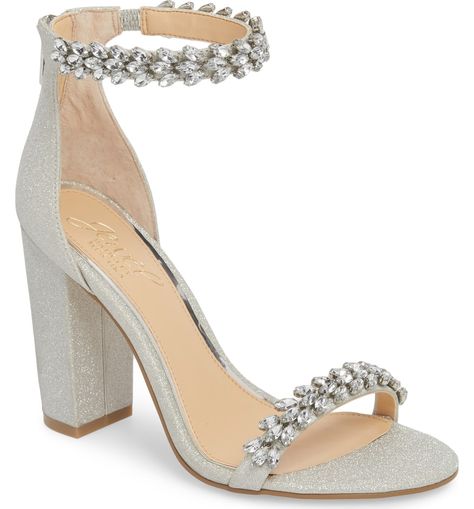 Jewel by Badgley Mischka Mayra Embellished Ankle Strap Sandal, Main, color, Silver Glitter Fabric Rose Gold Wedding Shoes, Gold Wedding Shoes, Jewel Badgley Mischka, Embellished Heels, Low Heel Pumps, Wedding Shoes Heels, Evening Sandals, Strap Sandals Women, Prom Shoes