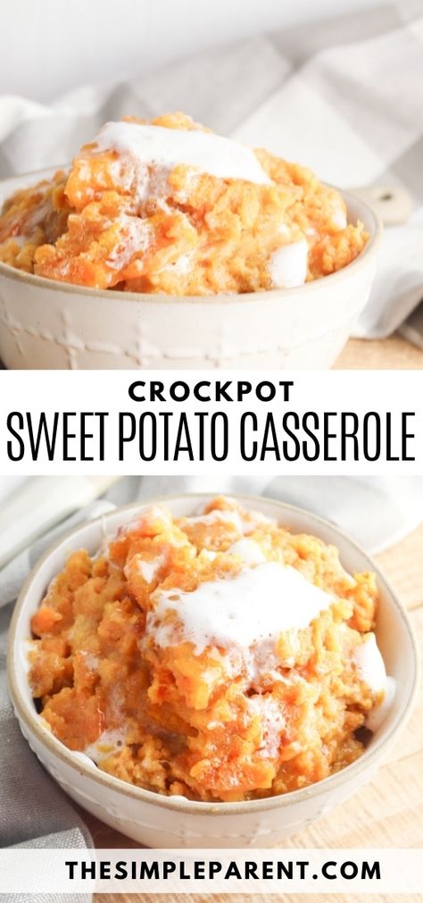 EASY Crock Pot Sweet Potato Casserole for the Holidays! Crock Pot Sweet Potato Casserole, Crockpot Sweet Potato Casserole, Slow Cooker Sweet Potato Casserole, Canned Sweet Potato Casserole, Canned Sweet Potato Recipes, Sweet Potato Casserole Crock Pot, Potato Recipes Crockpot, Crock Pot Sweet Potatoes, Easy Sweet Potato Recipes