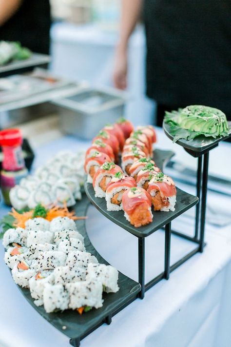 Sushi Station, Seafood Platters, Sushi Catering, Hangar Wedding, Aloha Wedding, Cheese Table, Wedding Food Stations, Wedding Snacks, Eyebrow Kit