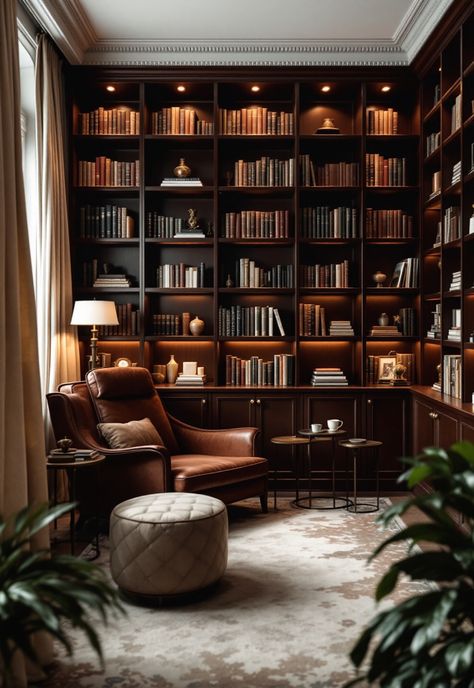 Bonus Room Ideas Library Aesthetic Small Room, Snug Library Room, A Frame Library Room, Traditional Library Room Ideas, Bonus Room Bookshelves, Library Media Room, Home Library Music Room, Home Library Lighting Ideas, Bonus Room Lighting