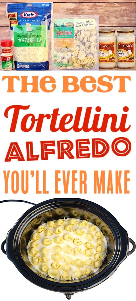 Crockpot Alfredo Tortellini!  This Easy Slow Cooker Pasta is just 4 ingredients, and one of the EASIEST dinners you'll make all week!  Grab the recipe, give it a try, and let your Crock Pot do the work for you! Crockpot Alfredo, Alfredo Tortellini, Tortellini Recipe, Cooking Pasta, Crock Pot Food, Tortellini Recipes, Slow Cooker Pasta, Frugal Girls, Crockpot Dishes