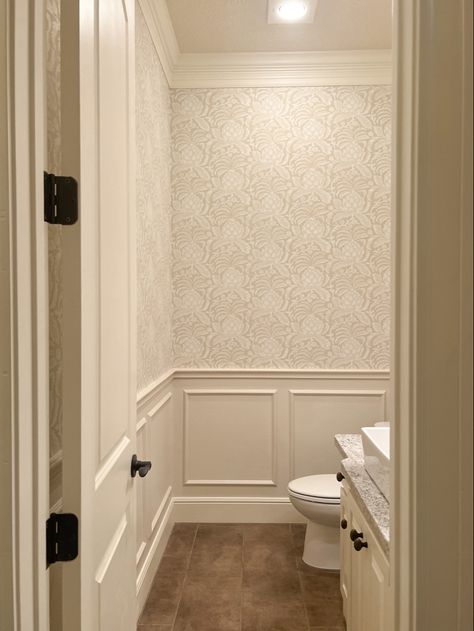 Crown Molding Bathroom Walls, Downstairs Powder Room Ideas, Crown Molding With Wallpaper, Bathroom Wall Molding Ideas, Molding On Walls With Wallpaper, Powder Room Molding Ideas, Powder Room Paneling And Wallpaper, Wall Trim And Wallpaper, Molding In Bathroom Walls