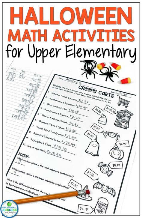 Engage your students in Halloween Math Activities that will keep your 3rd, 4th and 5th grade students learning right up to Halloween. These no prep #HalloweenMath resources are great for morning work, math centers, small group instruction, whole class skills practice or October homework. Your students will love the fun and engaging connection to the holiday but you will love knowing that they are working on key math skills. #ElementaryMath #HalloweenMathActivities #UpperElementary Halloween Games Upper Elementary, Halloween Project Based Learning, Halloween Math Upper Elementary, 5th Grade Math Halloween Activities, Grade 4 Halloween Activities, Halloween Stem Activities 5th Grade, Halloween Fractions 5th Grade, Multiplication Halloween Activities, Halloween Activities Upper Elementary