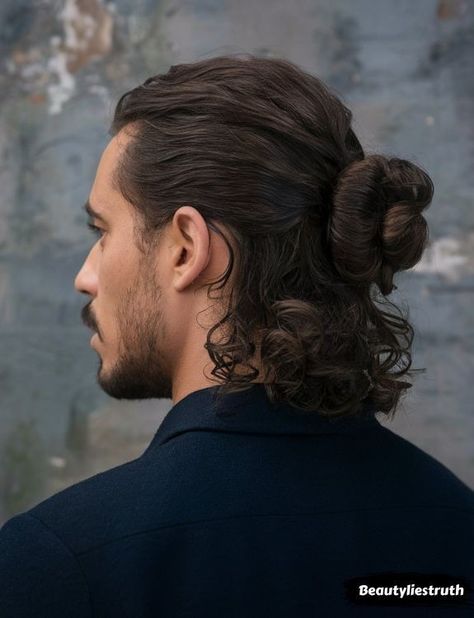 Men’s Long Hair Wedding, Man Bun With Braids, Men With Bun, Long Curly Hair Styles Men, Manbuns Hairstyles, Man Bun Aesthetic, Guys With Man Buns, Mens Long Curly Hairstyles, Men Long Curly Hairstyles