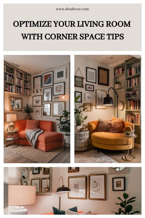 Optimize your living room with corner space tips featuring cozy seating, wall art, and bookshelves. Storage Above Couch, Small Corner Nook Ideas, Unused Corner Ideas, Corner Living Room Ideas Small Spaces, Odd Corner In Living Room Ideas, Fill Empty Space In Living Room, Dark Corner Decorating Ideas, Cosy Corner Living Room, Library Corner Living Room