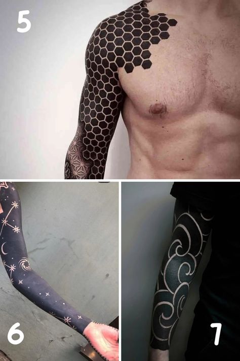 Unique Black Sleeve Tattoo Ideas + Info - TattooGlee Arm Tattoos With Meaning, Black Sleeve Tattoo, Geometric Tattoo Sleeve Designs, Mangas Tattoo, Tattoo Sleeve Filler, Jagua Henna, Shadow Tattoo, All Black Tattoos, Geometric Sleeve Tattoo