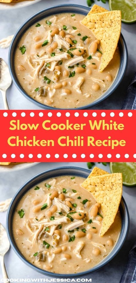 Discover an easy slow cooker meal with this Slow Cooker White Chicken Chili, ideal for busy weeknights. This delightful dinner recipe offers bold flavors and wholesome ingredients, ensuring your family enjoys a satisfying experience. White Chicken Chilli, Creamy White Chicken Chili Recipe, Creamy Chicken Chili, White Chicken Chili Slow Cooker, White Chicken Chili Recipe, Chicken Chili Crockpot, White Bean Chicken Chili, Slow Cooker Chicken Chili, Creamy White Chicken Chili