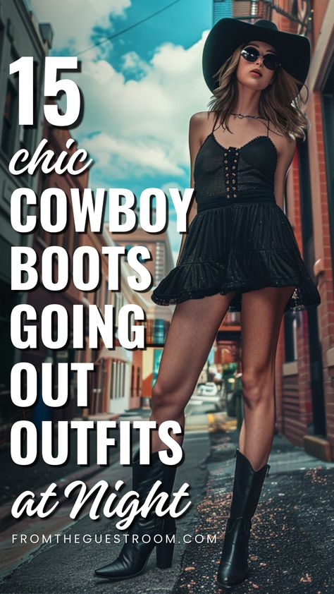 a woman wears cowboy boots for going out at night, western outfits Silk Shirt And Cowboy Boots, Cowboy Boots Costume Halloween, Cowboy Boots Going Out Outfit, Dark Brown Cowboy Boots Outfit, Boots Going Out Outfit, Women Cowboy Boots Outfit, Outfit Going Out Night, How To Wear Cowboy Boots Women, Boots Outfit Street Style