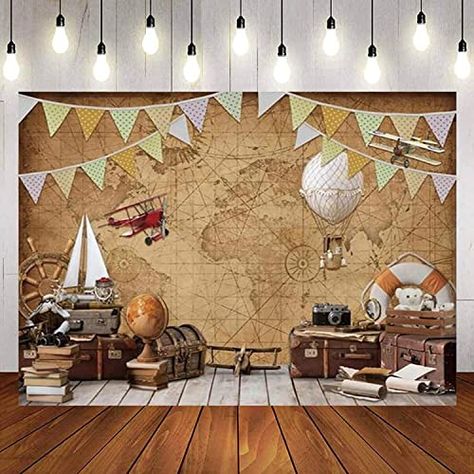 “From Miss to Mrs”: 8 Fun Travel-Themed Bridal Shower Ideas | Modern MOH Travel Party Decorations, Map Photography, Hot Air Balloon Vintage, Vintage Travel Party, Balon Cu Aer Cald, Travel Theme Bridal Shower, Around The World Theme, Adventure Awaits Baby Shower, Studio Backgrounds