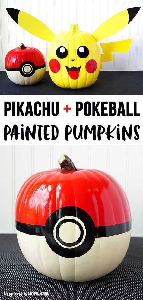 Pokemon Pikachu and Pokeball Pumpkins: Bring your favorite gaming characters to life this Halloween with these cute painted Pokemon Pumpkins with Pikachu and Pokeball designs - quick, easy, and TONS of fun! Pokemon Pumpkins, Pikachu Pumpkin, Painting Pokemon, Pumpkin Painting Ideas For Kids, Pokemon Pumpkin, Pikachu Halloween, Book Character Pumpkins, Easy Pokemon, Pikachu Pokeball