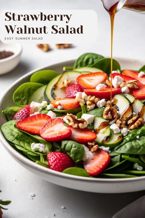 Strawberry Walnut Salad Strawberry Walnut Salad, Walnut Salad Recipe, Strawberry Health Benefits, Vegan Feta, Pomegranate Recipes, Vegan Feta Cheese, Balsamic Vinaigrette Dressing, Vegan Summer Recipes, Spinach Strawberry Salad