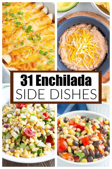 Looking for a side dish for enchiladas? I have gathered 31 delicious and simple enchilada side dishes for you to enjoy. All of these recipes are easy to make and the perfect side for your enchilada dinner. Be sure to save this pin and click over for all of the recipes. Enjoy! Chicken Enchilada Side Dish, Chicken Enchiladas Side Dishes, Mexican Food Recipes Sides, Sides To Go With Chicken Enchiladas, Salad With Enchiladas, Side With Enchiladas, Chicken Enchilada Sides, What Goes With Enchiladas, Side Dish For Chicken Enchiladas