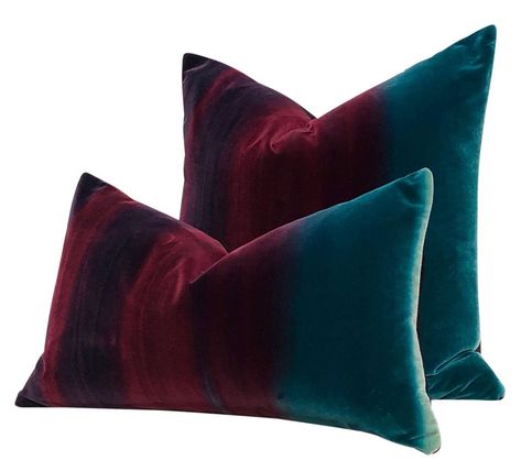 For Fabric Swatch Order Please Follow Link Below:  https://etsy.me/3GIH3M4 Stunning Ombre Velvet Pillow Cover in Lagoon, Raspberry and Loganberry. Luxuriously soft, its front has been adorned with beautiful ombre design in a range of sweeping colors sure to uplift any room it is placed in. Very Vibrant, eye catching pillow. Limited release.  Pillow Cover is 100% handmade, designed and created with attention to details. Please Note: This is Hand Dyed Fabric and Appearance of the Stripes Could Be Dark Teal Pillows, Dark And Moody Interiors Eclectic, Navy And Burgundy Living Room Decor, Navy And Burgundy Bedroom, Burgundy And Teal Living Room, Blue And Burgundy Bedroom, Jewel Tone Living Room Bohemian, Jewel Tone Pillows, Burgundy Bedroom Decor