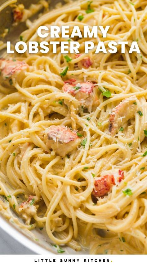 Easy lobster pasta that is creamy, buttery, garlicky, and ready in just 20 minutes! Perfect for a date night or a special occasion meal. Healthy Lobster Pasta Recipe, Easy Lobster Pasta Recipe, Creamy Lobster Pasta Recipe, Lobster Pasta Recipe Linguine, Lobster And Pasta Recipes, Lobster Pasta Creamy, Savoury Board, Anniversary Meals, Pasta With Lobster