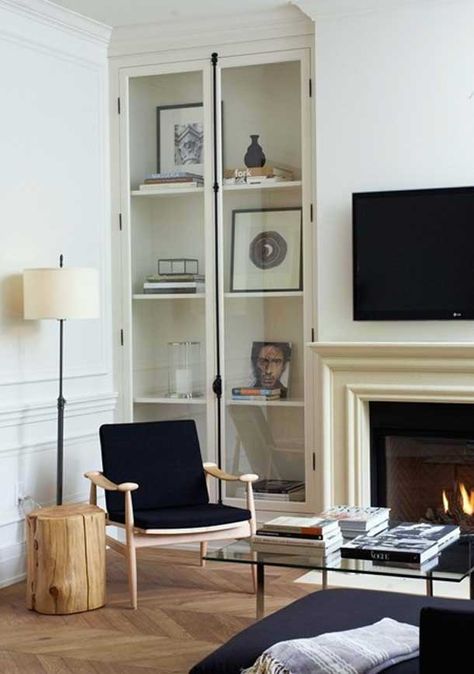 Part II - The Most Gorgeous Stone Fireplace Mantels Ever! - laurel home Bookshelf Styling, Glass Shelf, Built In Bookcase, Shelf Unit, Design Del Prodotto, A Living Room, Style At Home, A Tv, Modern Room