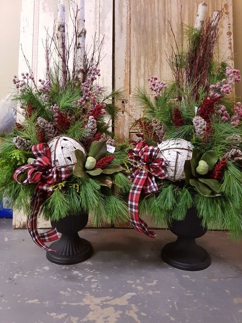 Urn Christmas Decor, Large Christmas Arrangements, Christmas Outside, Porch Pots, Christmas Planter, Outdoor Christmas Planters, Christmas Urns, Winter Planter, Christmas Pots