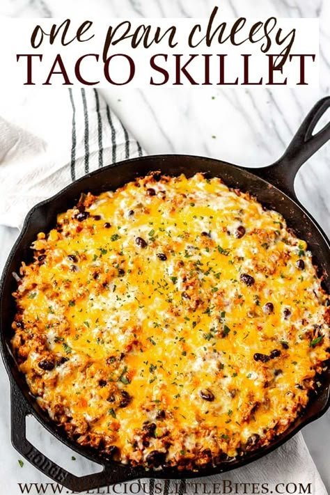 This delicious recipe for Cheesy Taco Skillet uses simple ingredients such as turkey, rice, black beans, and vegetables – so it is an extremely filling, well-rounded dish. Many people will enjoy the taco flavors found in this easy one pan skillet meal, since they are reminiscent of well-loved Mexican and Southwestern cuisines. | #taco #tacoskillet #skilletmeal #onepanmeal #onepandinner #glutenfree Chicken Taco Skillet, Cheesy Taco Skillet, Burritos Recipes, Taco Skillet Recipe, Cast Iron Skillet Recipes Dinner, Taco Dishes, Taco Skillet, Taco Meal, Turkey Rice