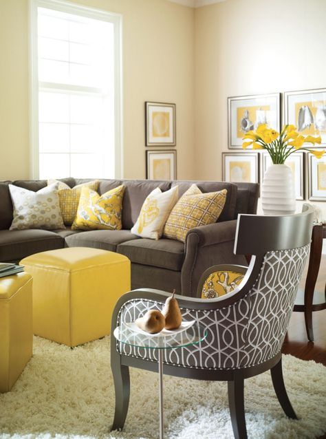 Yellow and Gray Rooms | deborahwoodmurphy Brown Sofa Design, Grey And Yellow Living Room, Grey Cottage, Yellow Decor Living Room, Deco Zen, Furnitur Ruang Keluarga, Living Room Images, Living Room Decor Gray, Bee House