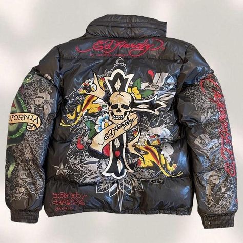 ⭐️ Ed Hardy Puffer Jacket!! The most insane Ed Hardy... - Depop Ed Hardy Outfit Men, Ed Hardy Men, Y2k Puffer Jacket, Ed Hardy Jacket, Ed Hardy Aesthetic, Ed Hardy Y2k, Ed Hardy Zip Up, Ed Hardy Leather Jacket, Blue Ed Hardy Tracksuit