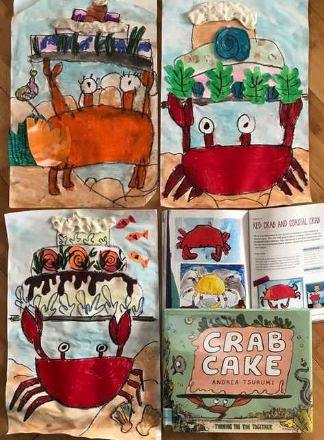 Cake Art Project, Art Projects For Kindergarten, Projects For Kindergarten, Ocean Animal Art, Ocean Art Projects, Art Camp Projects, Summer Art Projects, Crab Art, Ocean Unit