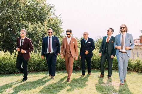 Groomsmen Suits With Green Bridesmaids, Groomsmen With Different Suits, Groomsmen Attire Cocktail, Groomsmen Attire Mix And Match, Mismatch Groomsmen Attire, Garden Groomsmen Attire, Spring Groom And Groomsmen Attire, Mixed Suits Groomsmen, Vintage Wedding Groomsmen