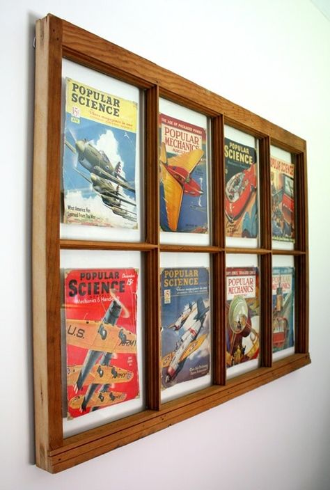 How to Display Vintage Magazine Covers in a Window - Learn how to display magazine covers using an old window. #upcycledproject #vintagepopularmechanics #vintagepopularscience #popularmechanicsmagazine #popularsciencemagazine Vintage Magazine Covers, Magazine Wall Art, Popular Mechanics Magazine, Magazine Display, Magazine Wall, Travel Humor Quotes, Window Wall Decor, Vintage Window, Diy Display