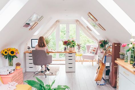 Attic Office Space, Attic Office Ideas, Converted Loft, Home Studio Office, Loft Attic, Apex Window, Windows Interior, Loft Windows, Bright Office