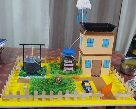 Science project# Rainwater harvesting # working model- #k  rays  group Rainwater Harvesting Model, Science Working Models, Rainwater Harvesting Architecture, Backyard Science, Science Exhibition Ideas, Science Project Models, Science Exhibition Projects, Water Collection System, School Science Projects