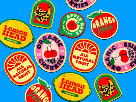 Fruit stickers by Tyler Pate on Dribbble Fruit Stickers, Fruit Labels, Fruit Logo, Sticker Design Inspiration, Fruit Packaging, Stickers Design, Fruit Illustration, Food Stickers, Fruit Design