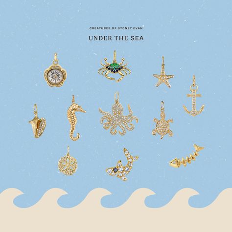 Nautical-themed animal charms in 14k gold, diamonds, and semiprecious stones from Sydney Evan Coastal Earrings, Sea Inspired Jewelry, Starfish Anklets, Sand Dollar Necklace, Octopus Necklace, Starfish Necklace, Gold Anklet, Nautical Jewelry, Diamond Eyes