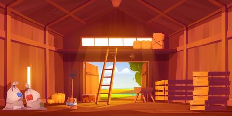 Barn on farm with harvest, straw and hay | Free Vector #Freepik #freevector #background #wood #house #building Straw And Hay, Truck House, House Cartoon, Mlp Oc, Loft Ladder, Countryside Landscape, Yellow Tree, Scenery Background, Outdoor Sheds