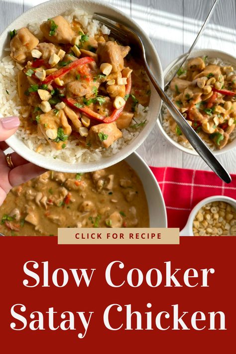 The best Slow Cooker Satay Chicken Recipe, loaded with flavour and so easy to make. Slow Cooker Chicken Satay, Slow Cooker Satay Chicken, Satay Chicken Recipe, Slow Cooker Recipes Uk, Tasty Slow Cooker Recipes, Slow Cooker Curry Recipes, Dish Magazine, Mains Recipes, Slow Cooker Thai Chicken