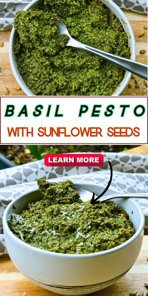 sunflower basil pesto in white bowl with spoon above and side view below on wooden board with a grey and white napkin Sunflower Seed Pesto, Diy Spices, Asiago Cheese, Best Pasta Recipes, How To Make Pesto, Nut Recipes, Homemade Pesto, Homemade Seasonings, Asiago