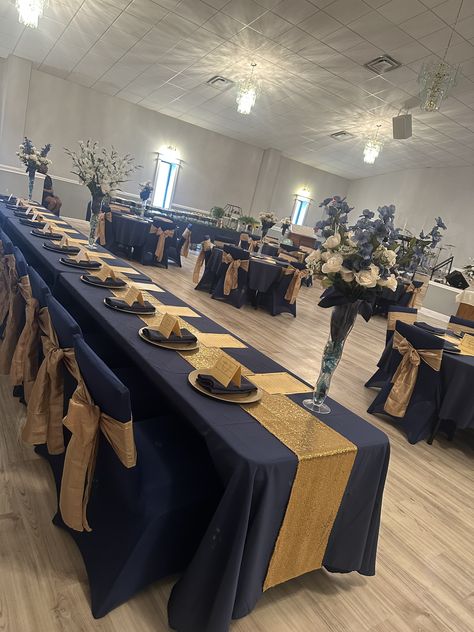 Navy Gold Quinceanera, Navy And Gold Table Decorations, Navy Blue And Gold 60th Birthday, Royal Blue And Gold 15 Decorations, Navy Blue And Gold Party Theme, Blue Gold Centerpieces Table Decorations, Navy Blue Table Cloth With Gold Runner, Navy Blue And Gold Centerpiece Ideas, Navy And Gold Decor Party