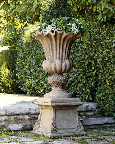 An open urn makes a gorgeous alternative to a typical garden pot. This one is part of a set from Neiman Marcus. Though it looks like solid stone, the urn and column are made from a blend of crushed stone and resin for lightweight durability. Garden Ornament, Stone Vase, Garden Urns, Patio Planters, Urn Planters, Garden Containers, Gorgeous Gardens, Outdoor Planters, Garden Ornaments