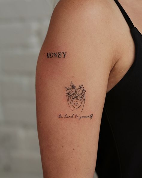 Beautiful reminder, sweet tattoos for Taylor. Thank you lovely ✨ White Ink Tattoo, Sweet Tattoos, Tattoo Life, Minimal Tattoo, Tattoo Fonts, Tattoo Idea, Shoulder Tattoo, Be Kind To Yourself, Back Tattoo